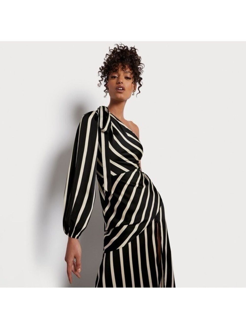Sam Edelman French Stripe Tie Neck One-Shoulder Midi Dress in Black/White Size 2